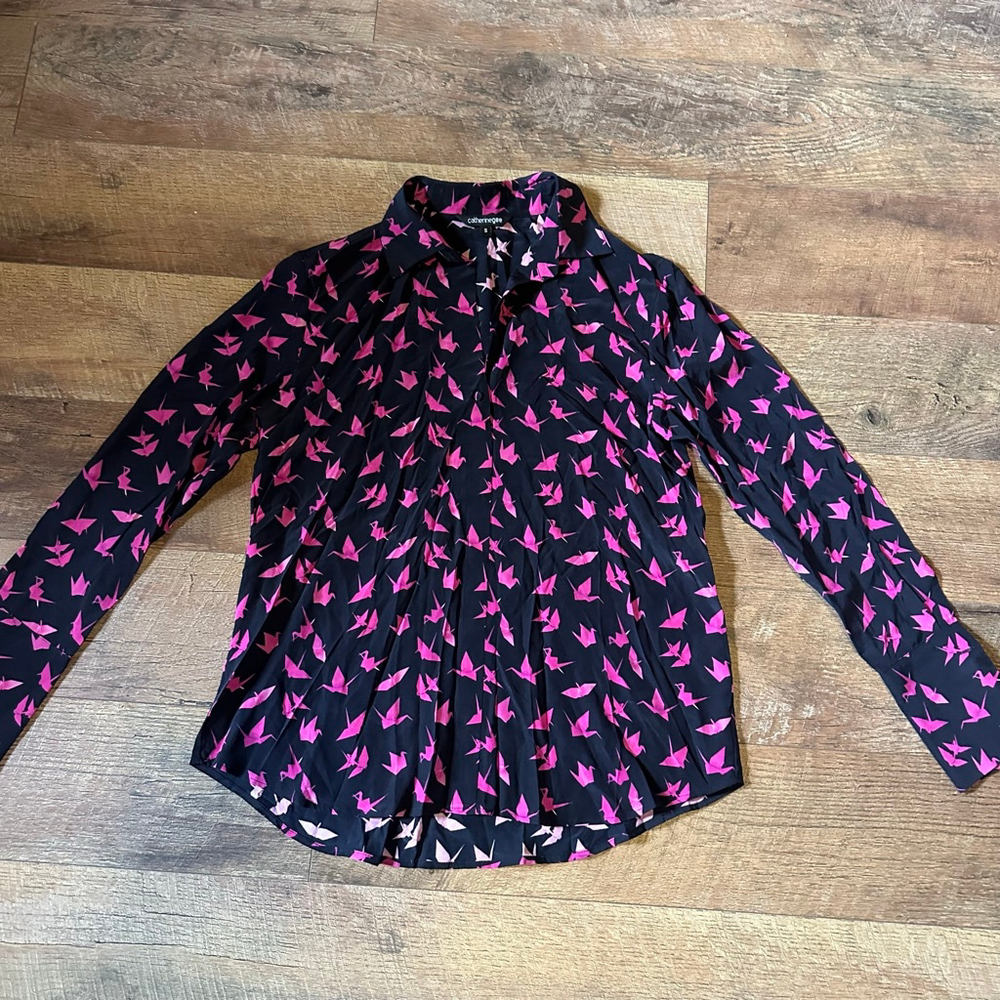 Women's catherinegee Black Pink Origami Crane Button Down Shirt S - Picture 2 of 10